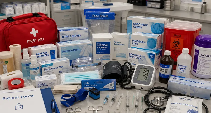 Medical and healthcare support supplies including PPE, gloves and first-aid products