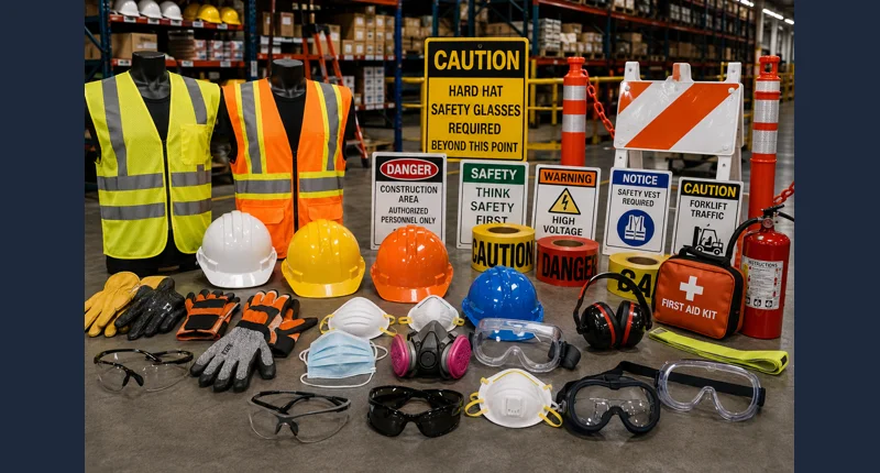 Safety and personal protective equipment including vests, hard hats and eye protection